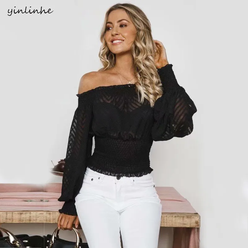 

yinlinhe black sexy Transparent blouse women shirt long sleeve off shoulder chiffon blouse striped white summer ladies tops 582
