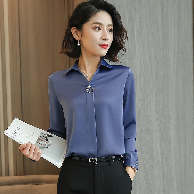 

Imitation Silk Women Spring Autumn Style Office Work Blouses Shirts Lady Long Sleeve Turn-down Collar Blusas Tops DF2268