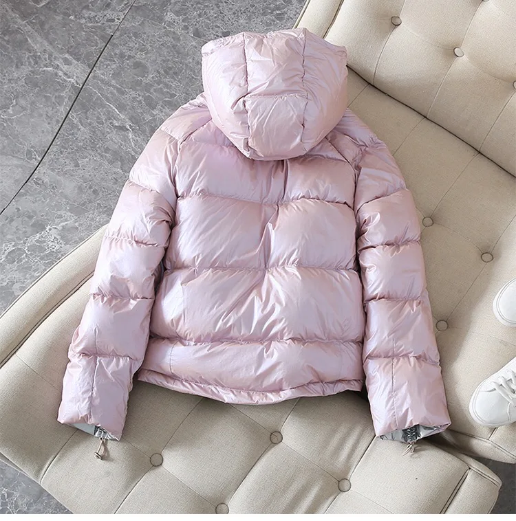 FTLZZ Silver Pink Down Coat Winter Jacket Women Hooded White Duck Down Parkas Female Loose Double Sided Waterproof Outerwear