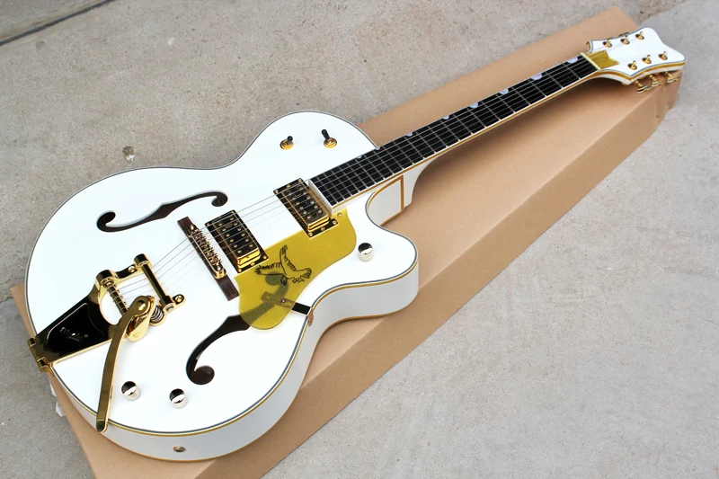 Factory custom white hollow body electric guitar with gold hardware,tremolo system,golded pickguard,can be customized