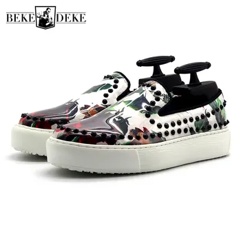 

2019 New Hand-Painted Casual Loafers Black Rivet Luxury Punk Shoes Men Trainers Top Quality Slip-On Flats Thick Platform Sneaker