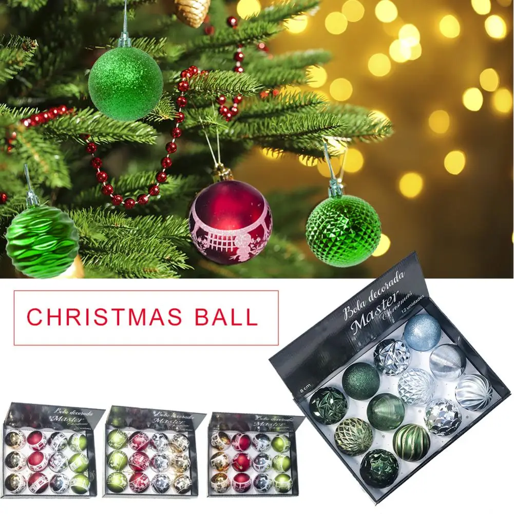 

12pcs/Box 8CM Christmas Tree Ball Print Xmas Pendant Shatterproof Party Hanging Ball Ornament Decorations Home Christmas Gift