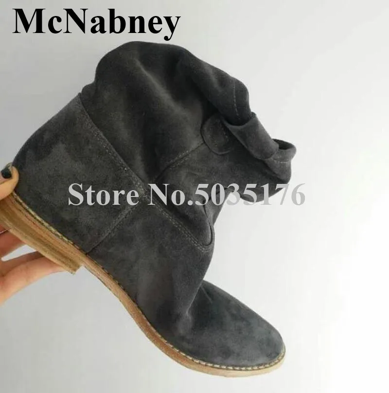 

European Rome Solid Flock Round Toe High Height Increasing Heel Mid-Calf Boots High Heel Boots Slip-On Spring/Autumn Women Shoes