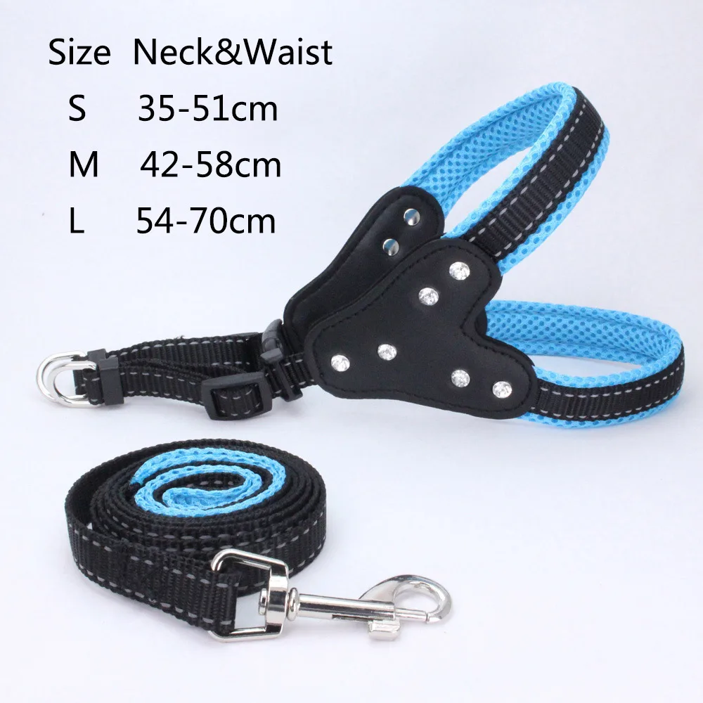 

New Reflective Dogs collars and harnesses nylon dog leash for small pet vest puppy leashes Rhinestone harness set Acessorios