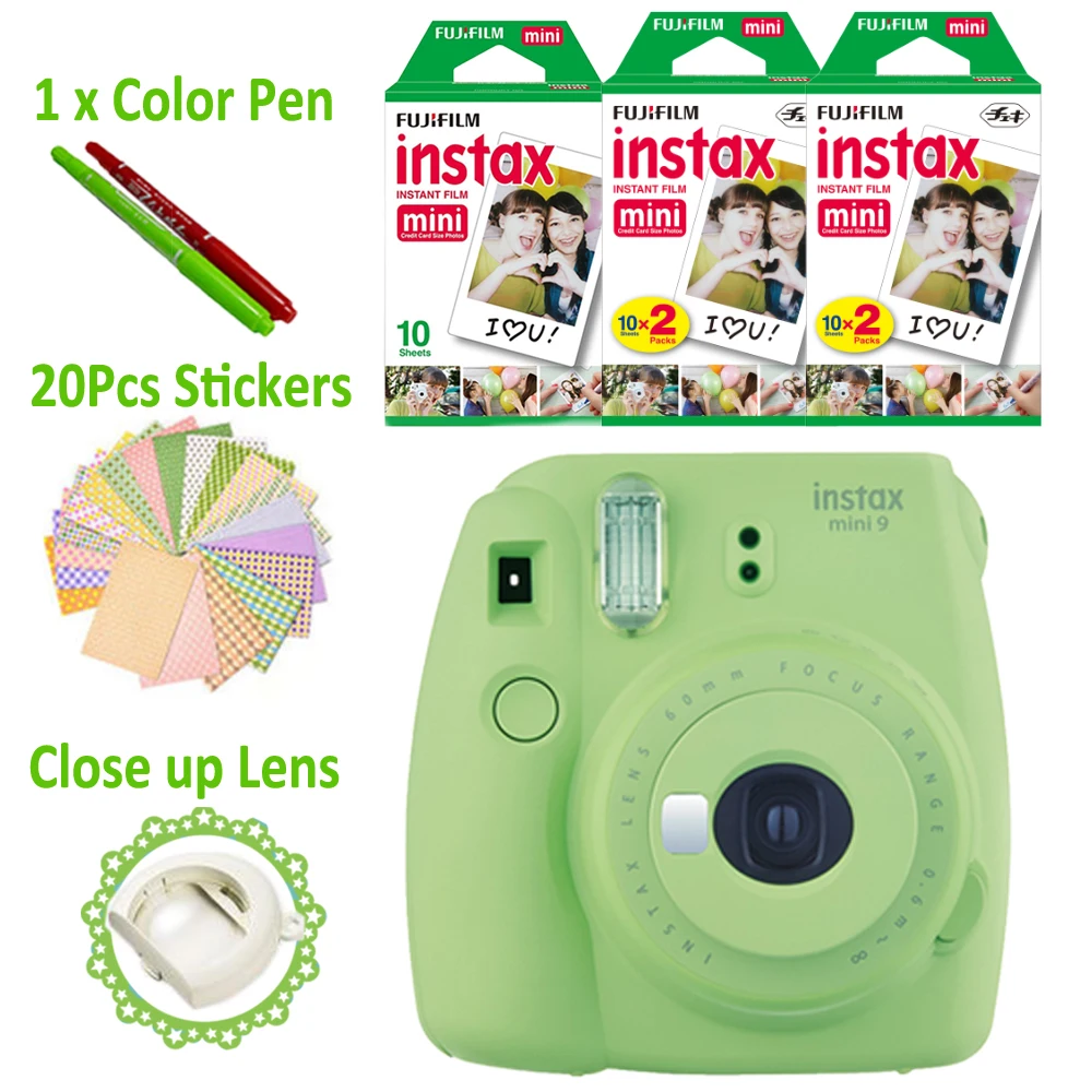 Зеленый лайм Fujifilm Instax Mini 9 Фотоаппарат моментальной печати+ 50 фотографии Fuji момент мини 8 белая рамка пленка+ 20 штук наклейки и ручка