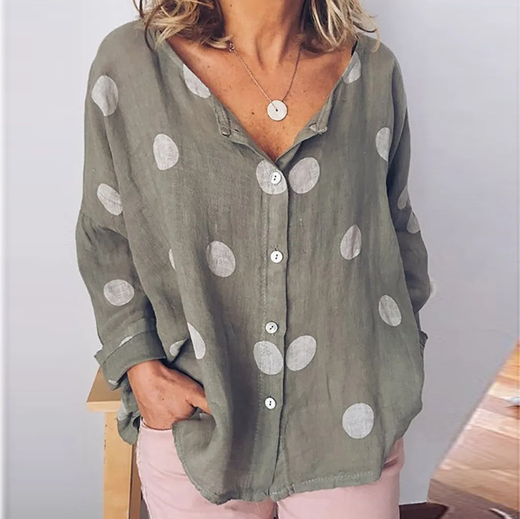 Womens Summer Linen Tops Casual Plus Size Dot Print Button Loose Daily
