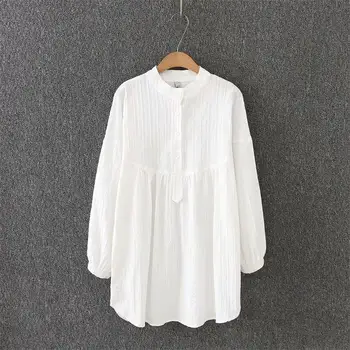 

Oversized Plus Size Mandarin Collar Long Sleeve Loose Blouses Women 2018 Solid White Jacquard Cotton Shirt Ladies Tops 4XL