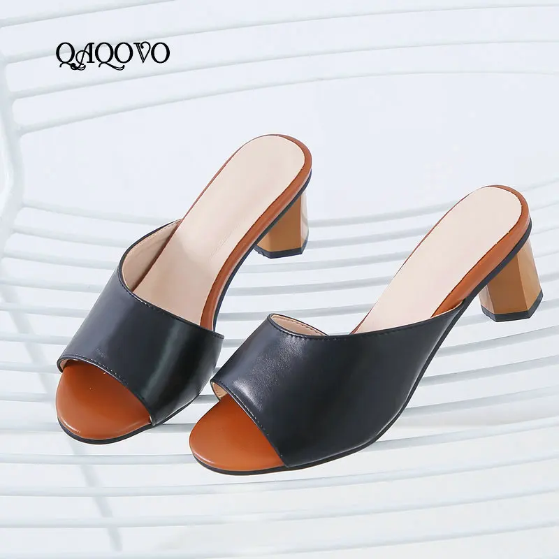 

Women Summer High Heels Sandals Open Toe Square High Heel Slippers Slip On Dress Casual Ladies Shoes Black White Big Size 34-43