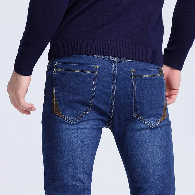 Vomint 2019 Men Jeans New Fashion Spliced Leather Casual Jeans Slim Straight High Elasticity Feet Jeans Long Trousers Hot Sell