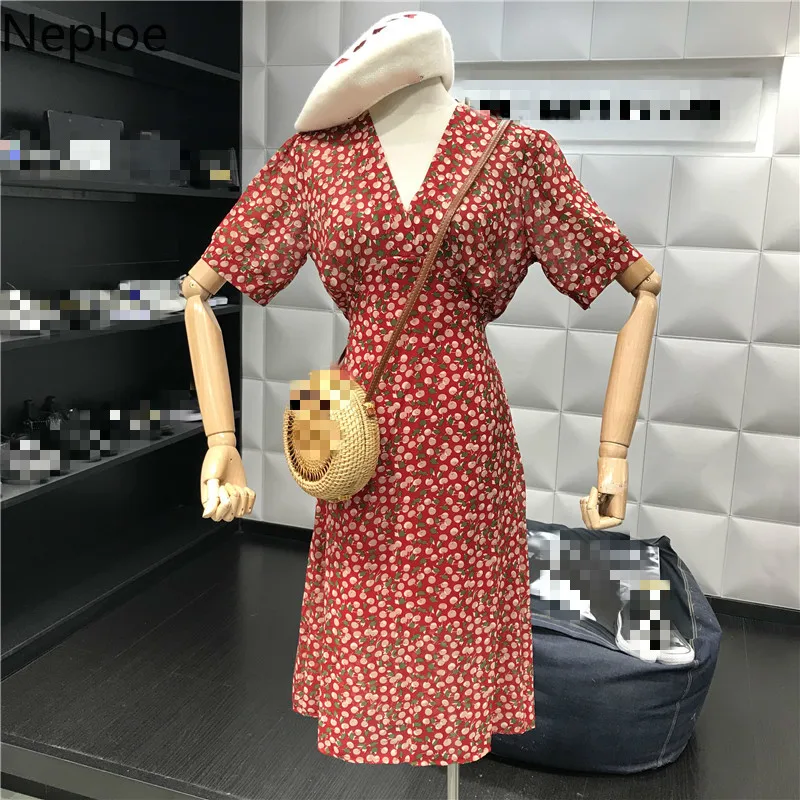 

Neploe Sweet Floral Print Women Dress Summer 2019 New V-Neck Short Sleeve Vestidos High Waist Drawstring Female Dresses 44648