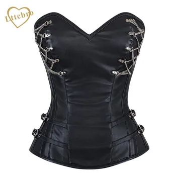 

Punk Faux Leather Corset Steel Boned Rockabilly Corset with Chains Zipper Side Steampunk Bustier Synthetic Corset
