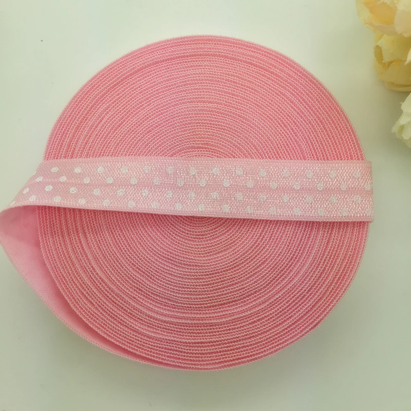 

5yards/lot 5/8" 15mm Pink Polka Dot Multirole Fold Over Elastic Spandex Satin Band Ties Hair Accessories
