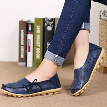 2016 Women Loafers Lady Ballerina Flat Shoes Woman Summer Flats Hollow Out Comfortable Soft Genuine Leather Moccasins size 34-44