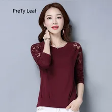 Новая хлопковая Корейская Кружевная футболка с длинными рукавами и круглым вырезом