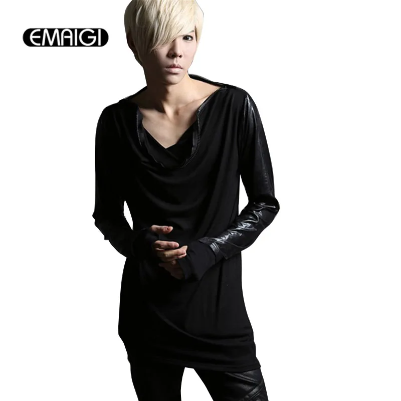 

Male New Zipper Collar T-shirt Men Punk Hiphop Fashion Leather Splice Long Sleeve with Gloves Tee Shirts Men Bottoming T Shirt