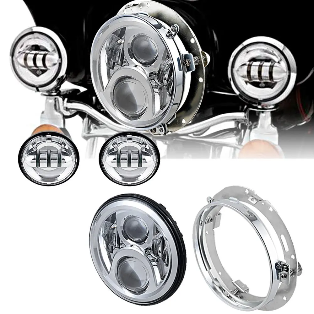 

Black 7'' LED Headlight 7" Headlamp Mounting Ring 4 1/2" Auxiliary Passing Fog Light For Harley Touring Softail Road King