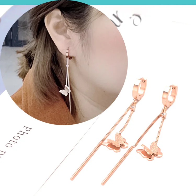 

2019 Stainless Steel Earrings For Women Girls Rose Gold Color Frosted Double Butterfly Earrings Studs Best Jewelry Gift