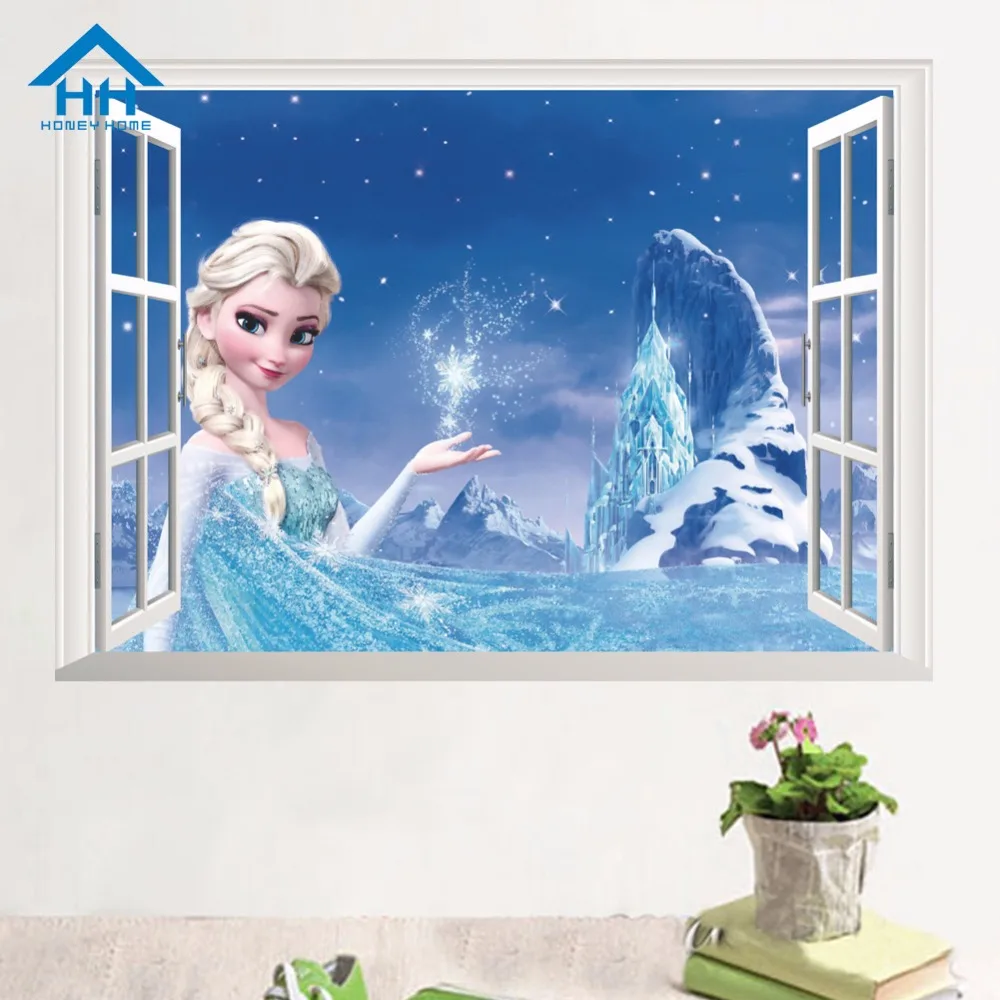 Cartoon Frozen Princess Elsa Wall Sticker 3D Window Wall Stickers For Kids Rooms PVC Wall Stickers Home Decor Living Room