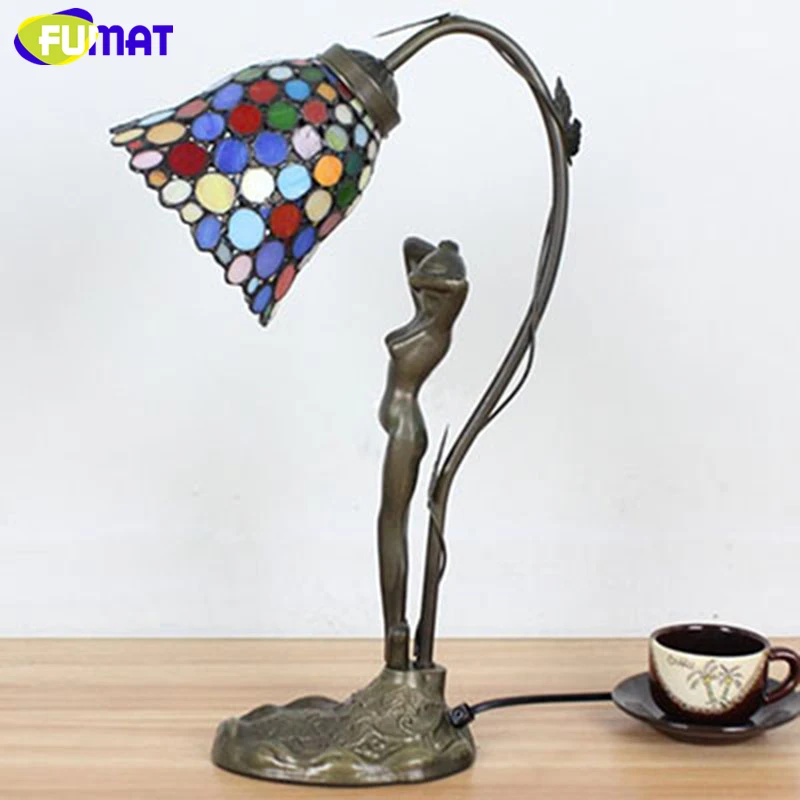 FUMAT Tiffany Stained Glass Desk Lamps Girls Gift Grape Rose Dragonfly Pearl Morning Glory Pattern Table Night Lights 30.