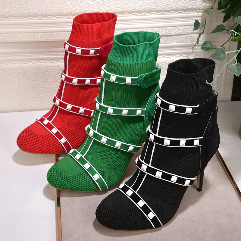

2018 New red green Elastic Ankle Boots for Women High Heels Knitted white rivets studded stretch sock shoes women tenis feminino