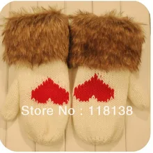 Модные женские Мех животных Вязание Зимние перчатки сердце