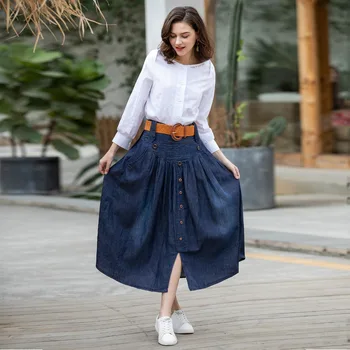 

Large size Wide flare Denim Skirt Women casual elastic waist Oversized thin denim skirt high waist Pleated Jeans Skirt with belt