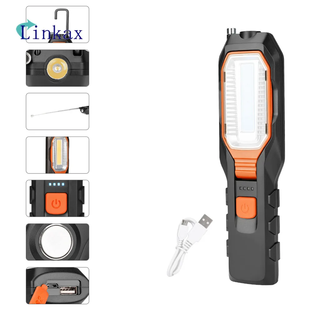

COB LED Work Light Adjustable Inspection Lamp Magnetic Hand Torch USB Rechargeable Camping Lantern With Hook Magnet Pick Tools