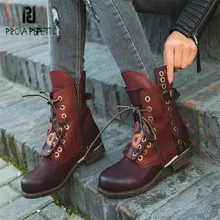 Prova Perfetto женские ботильоны в стиле ретро; повседневные ботинки для верховой езды на плоской подошве из натуральной кожи на шнуровке; короткие резиновые ботинки; botas Mujer
