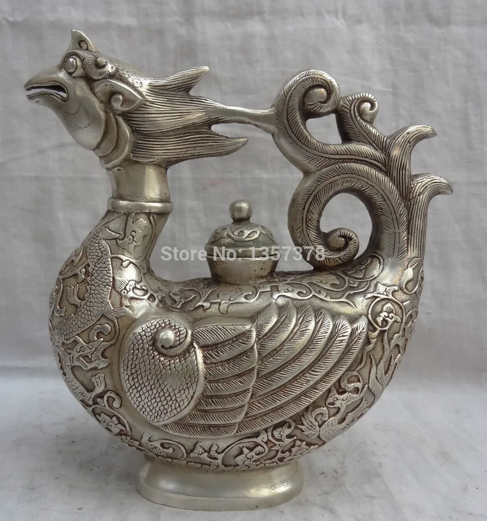 

shitou 00636 8" China Silver Bird Dragon Phoenix Flagon Statue Bronze Flower Teapot Wine Pot
