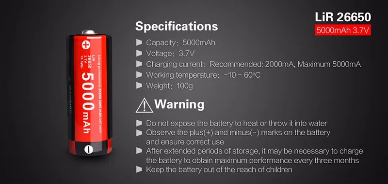 KLARUS литий-ионная аккумуляторная батарея 3,7 V 5000mAh 26650 для светодиодный фонарик, многократная защита