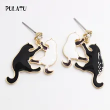 Модные серьги в виде кота для девочек, свисающие глазурь, капельная черная, белая, Китти, CZ Стразы, серьги-гвоздики, Женские Ювелирные изделия, PULATU ED0081