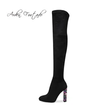 Arden Furtado/ г. Демисезонные растягивающиеся сапоги на не сужающемся книзу массивном высоком каблуке 10 см серые сапоги выше колена, стразы Размеры 33, 40, 41