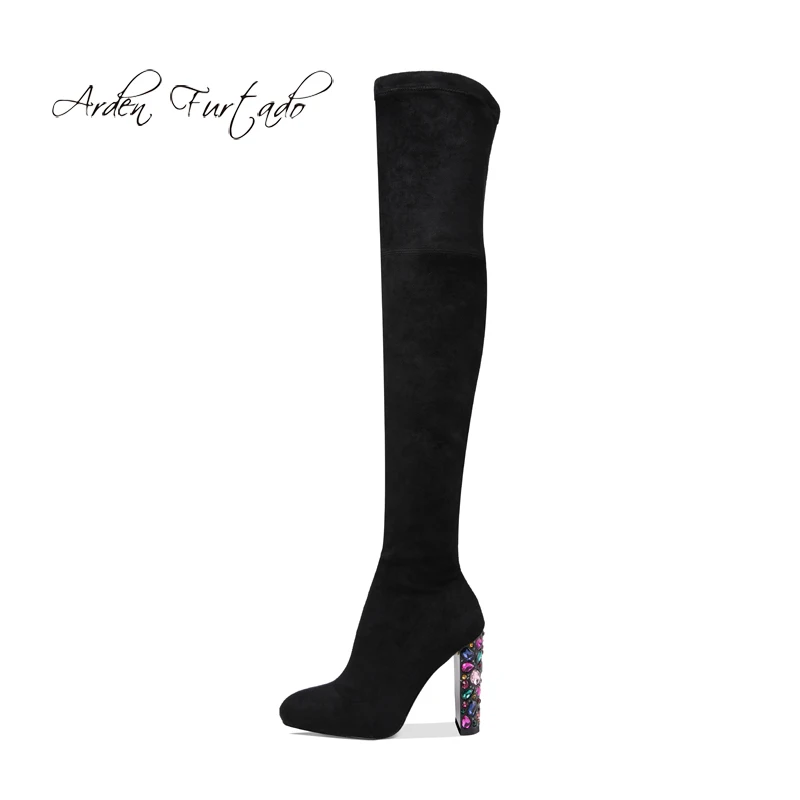 

Arden Furtado 2018 spring autumn chunky heels high heels 10cm Stretch boots rhinestone over the knee grey boots size 33 40 41