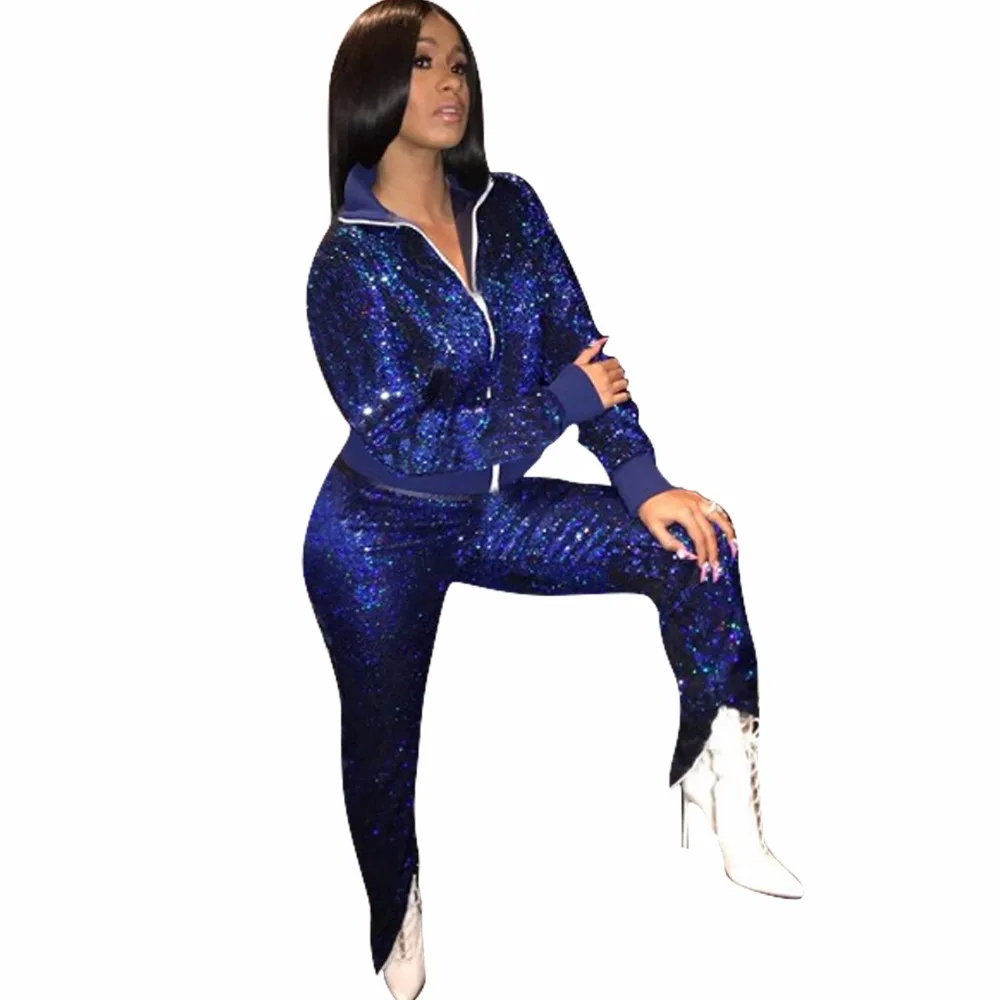 

2019 Women's Sets new trendy blue sequins two piece tracksuit set top and pants zipper fashion suit sequined 2 piece set