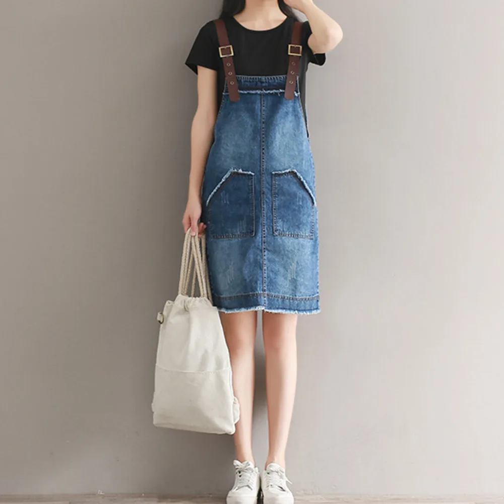 Women Suspenders denim Dress Ladies Jeans Dresses With T-Shirt Two Piece set Clothes Kawaii Mori girls overall Dress B73111