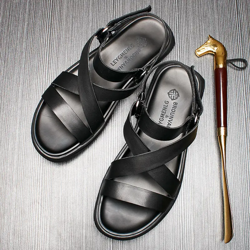 Classical Mens Ankle Strap Leather Sandals Retro Nallow Band Rome Shoes Cool Boy Summer Cross-tied Sllides Beach Shoes