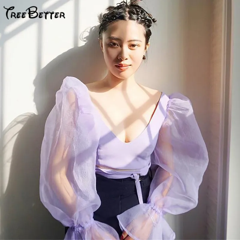 

Puff Mesh Sleeve Deep V Neck Tshirt Women Patchwork Lace Up Crop Top Harajuku Tee Shirt Elegant Summer Bodycon Tops