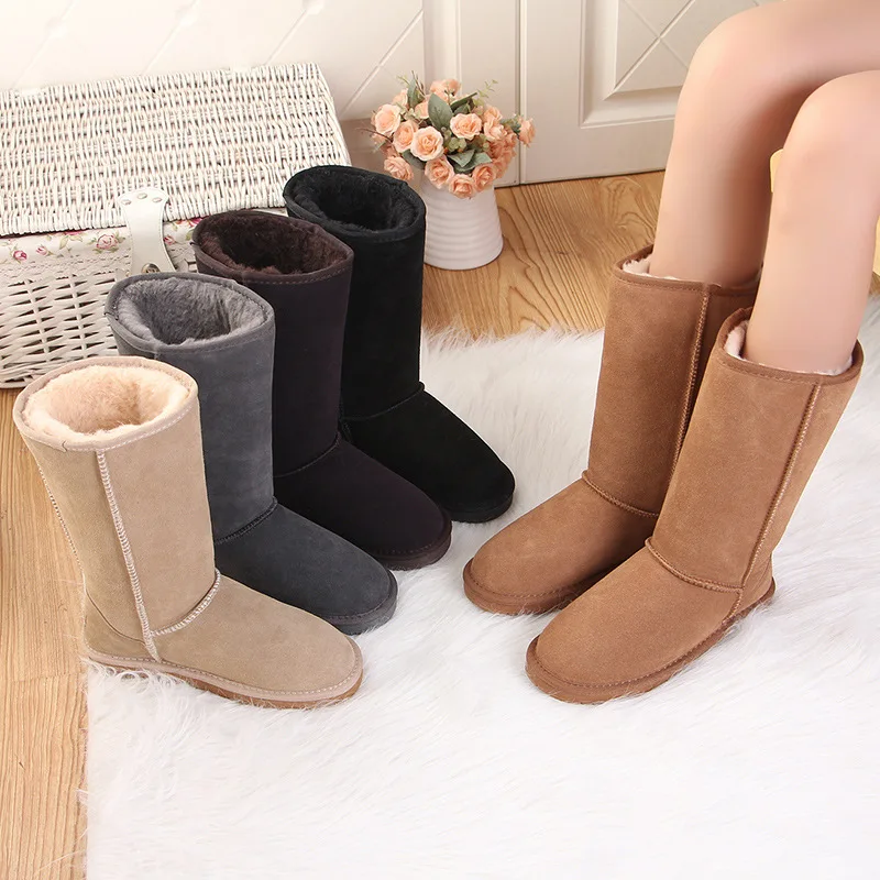 

Simple elegant warm wear-resistant Genuine Leather women High-tube snow boots Suede cowhide fabric wool winter women's shoes
