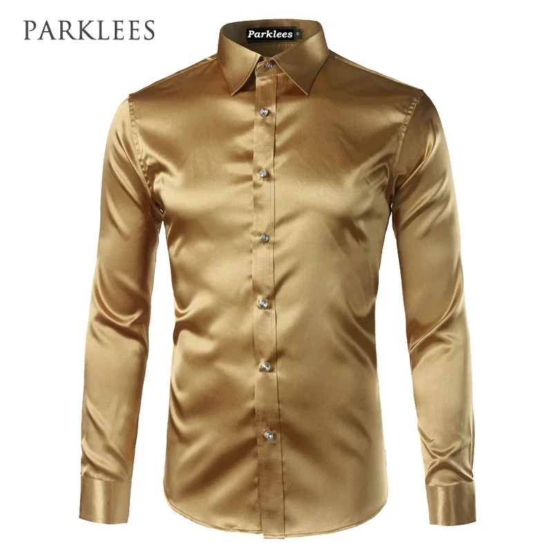 Mens Casual Shirt Slim Long Sleeves Silk Pattern Shirt,Gold,XXL,United States
