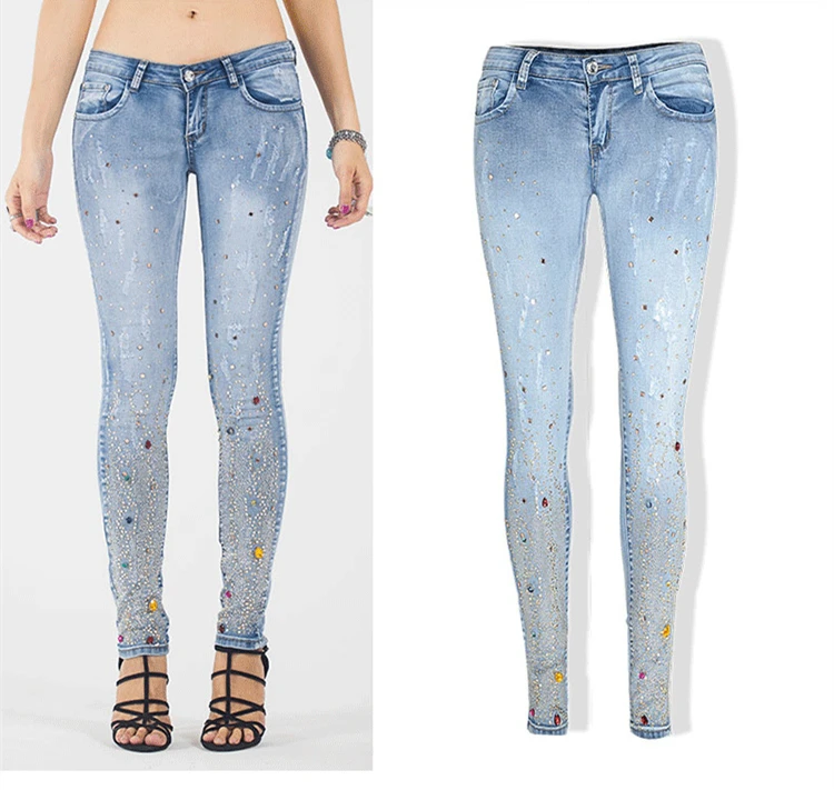 

Sexy diamond sequined scratched pencil pants washed low waisted full length denim women jeans trousers womans plus size