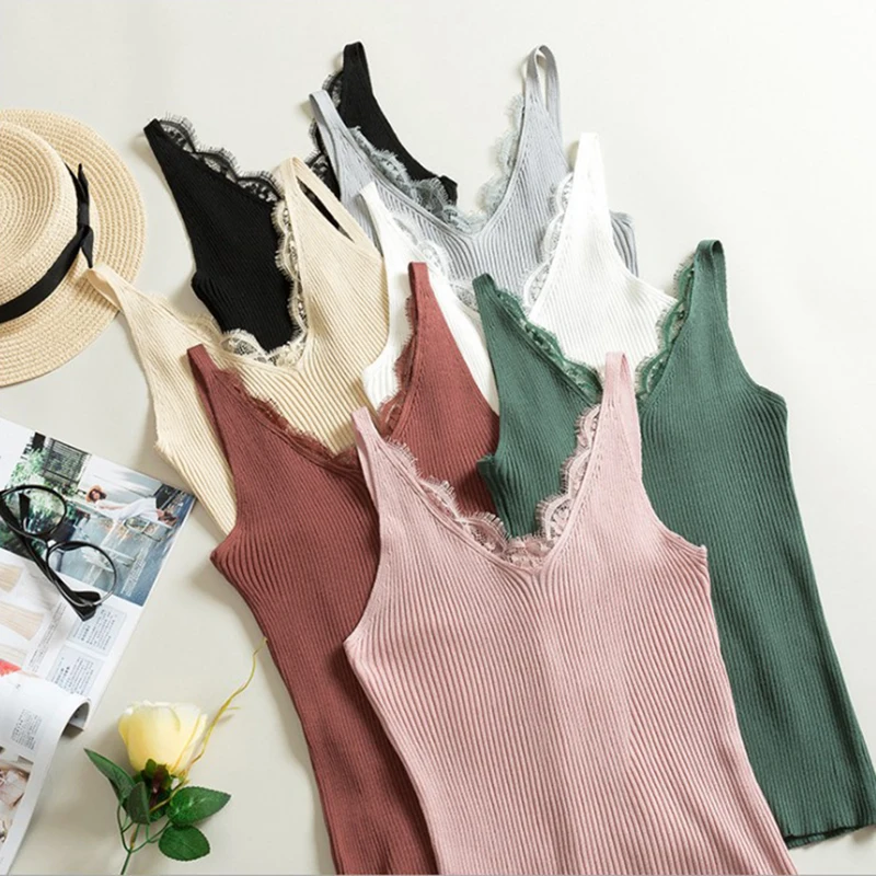 

New Knitted Tank Tops Women Sleeveless Stretchable V Neck Slim Camisole Sexy Lace Patchwork Solid Color Camis Vest Casual Tops