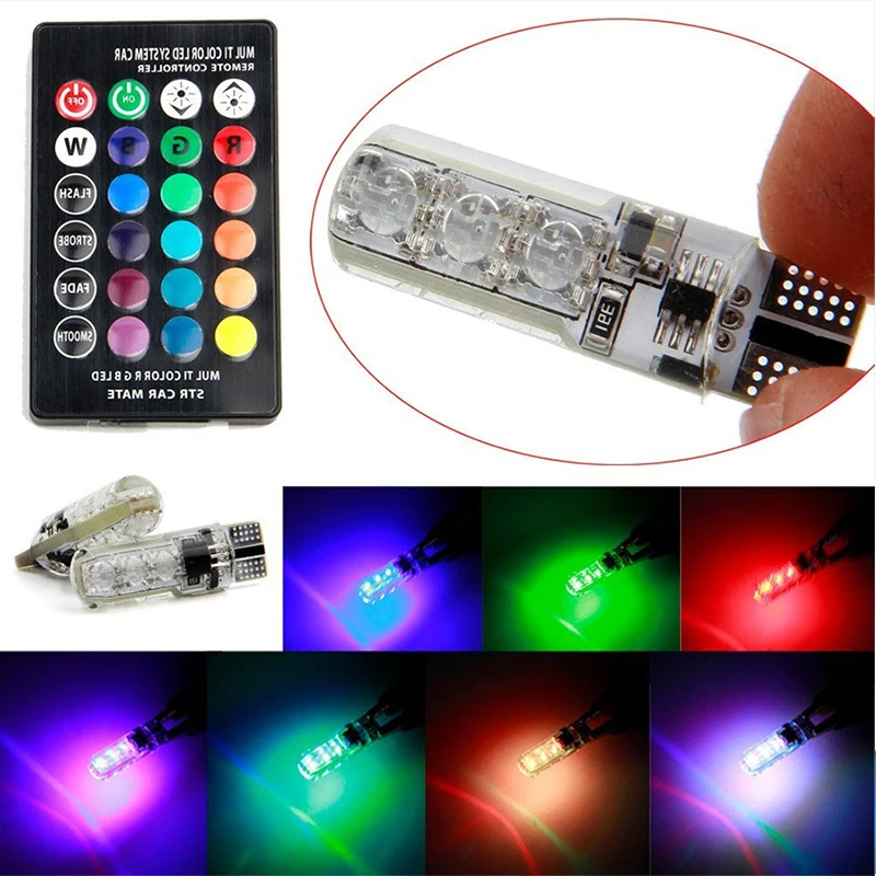 

2pcs Remote Control Car T10 5050 6LED RGB Clearance LED Light Silica Gel Reading Light Bulb Interior Wedge Side Lamps