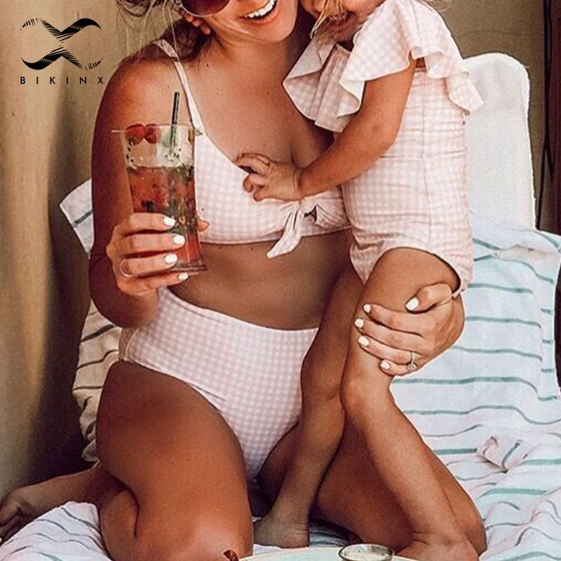 

Bikinx Matching family bathing suit Pink plaid swimsuit female bathers Ruffles bikini 2019 Children kid beach wear Baby swimwear