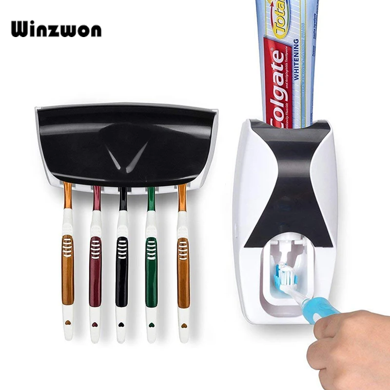 

1 Set Bathroom Wall Mount Automatic Toothpaste Dispenser 5 Toothbrush Holder Rack Toothpaste Squeezers Bathroom Shelves