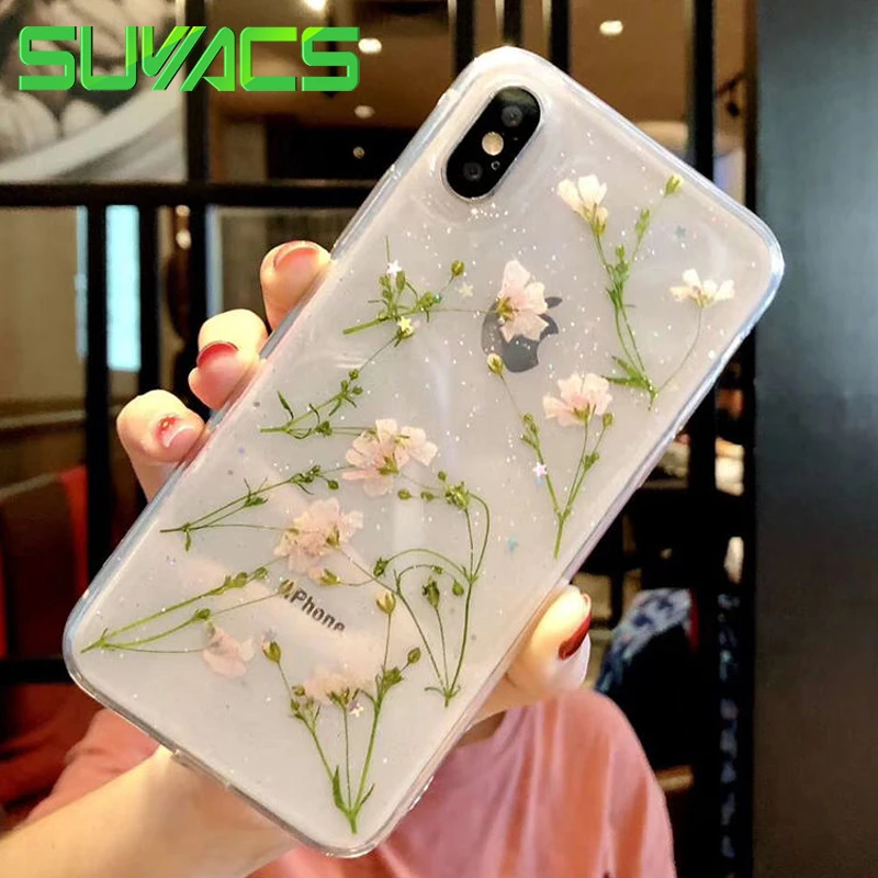 SUYACS الحقيقي الزهور زهور مجففة شفافة لينة غطاء من البولي يوريثان الحراري ل iphone X 6 6 S 7 8 زائد جراب هاتف ل iphone XR XS ماكس غطاء