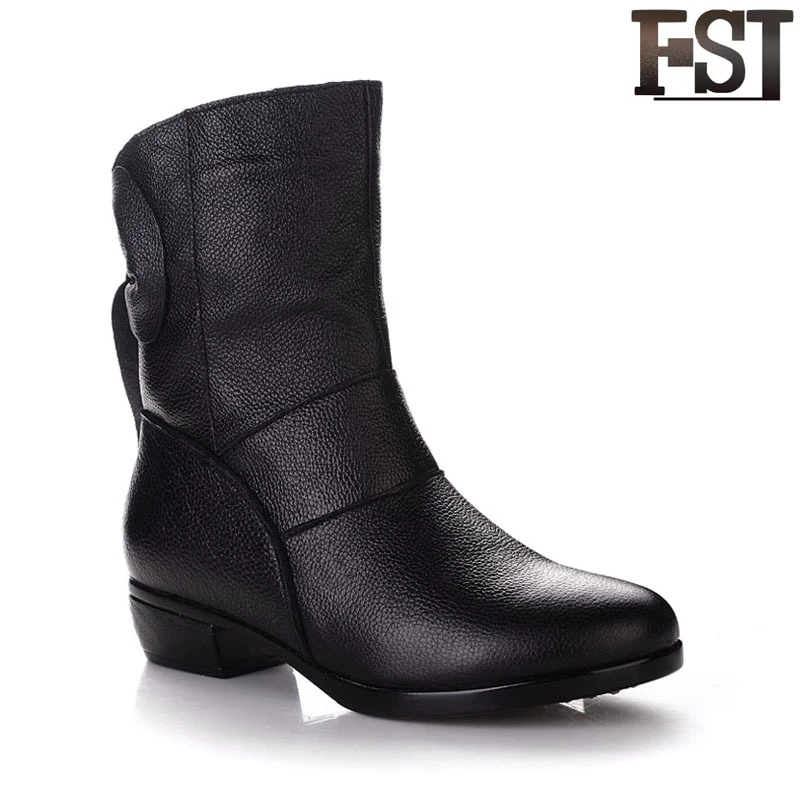 

FSJ Genuine Leather Ladies Winter Boots Women Round Toe Solid Short Plush Butterfly-knot Fashion 2019 Mature Chunky Heels 3.5cm