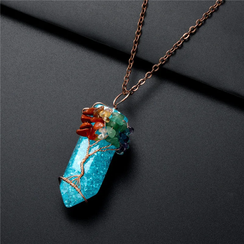 

Trendy 7 Chakra Charms Reiki Healing Quartz Tree of Life Pendant Necklaces Blue White Wire Wrapped Woman Men Yoga Jewelry