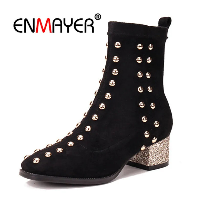 

ENMAYER Flock Women Ankle Boots Shoes women Size34-39 Casual Square Toe Winter Thick Med Heels Fashion boots Slip on Rivet CR848