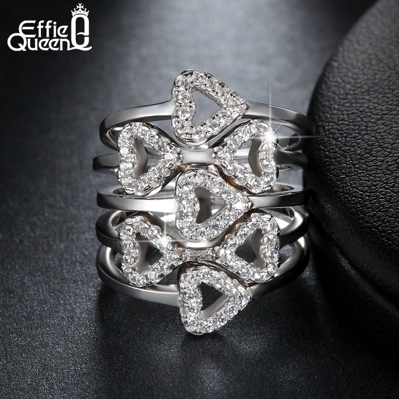 Effie Queen Luxury Crystal Zircon font b Rings b font Wedding Jewelry Hearts to Hearts Cluster