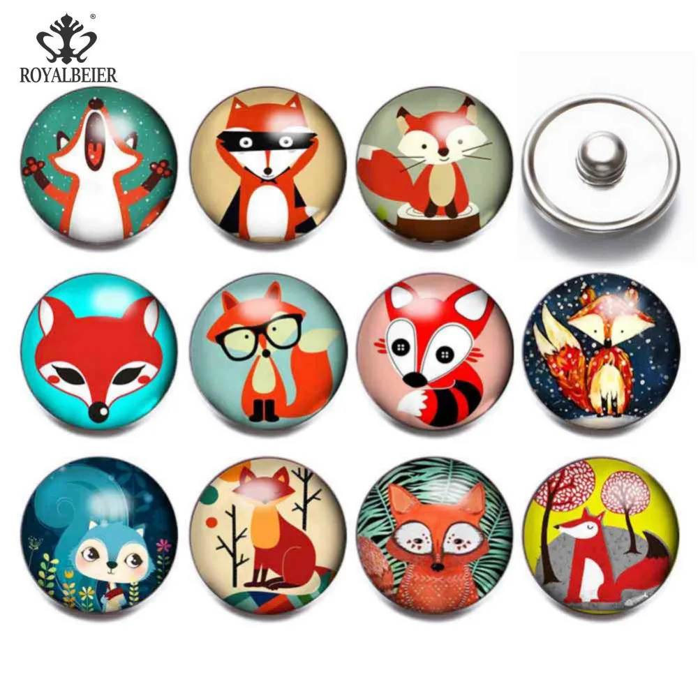 Royalbeier 12pcs Cartoon Snap Buttons Fox Print Glass Cabochon Fit Snap Bracelets Necklace 18mm Beads Charms DIY Jewelry Buttons